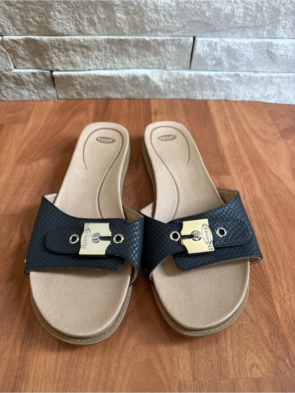 Dr Scholls Slide Sandals Women Size 10M Black Reptile Print Buckle Arch Support